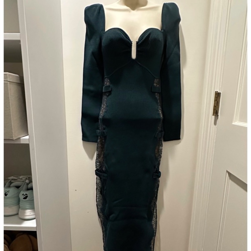 SELF PORTRAIT LACE INSERT KNIT RIBBED DRESS GREEN